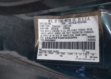 1994 Ford Mustang Gt из США, поврежденный, VIN 1FALP45T6RF230094